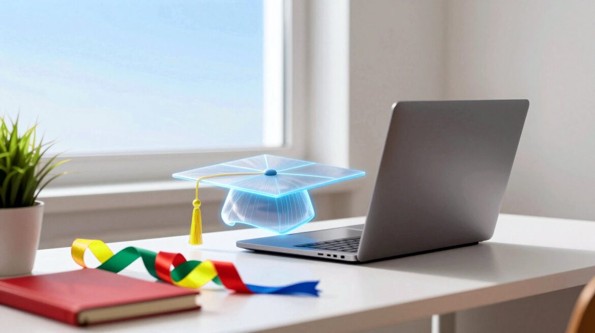 A silver laptop on a bright white desk with a glowing blue graduation cap of light above it and red, green, yellow and blue ribbons.