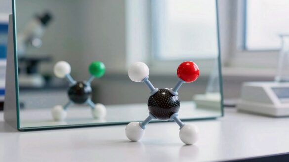 Dos modelos de moléculas de colores que son imagen especular el uno del otro, enfrentados ante un espejo.