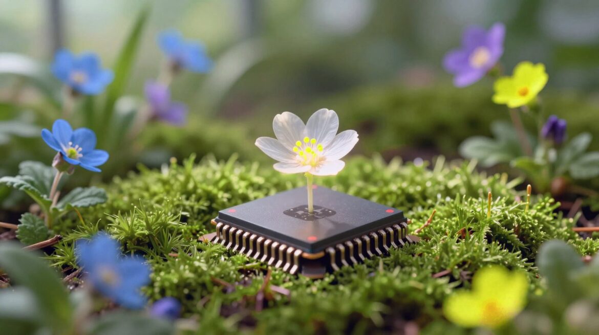 A microchip with gold pins on green moss in a sunny greenhouse, a glowing translucent flower rising from it among small blue, violet and yellow flowers.