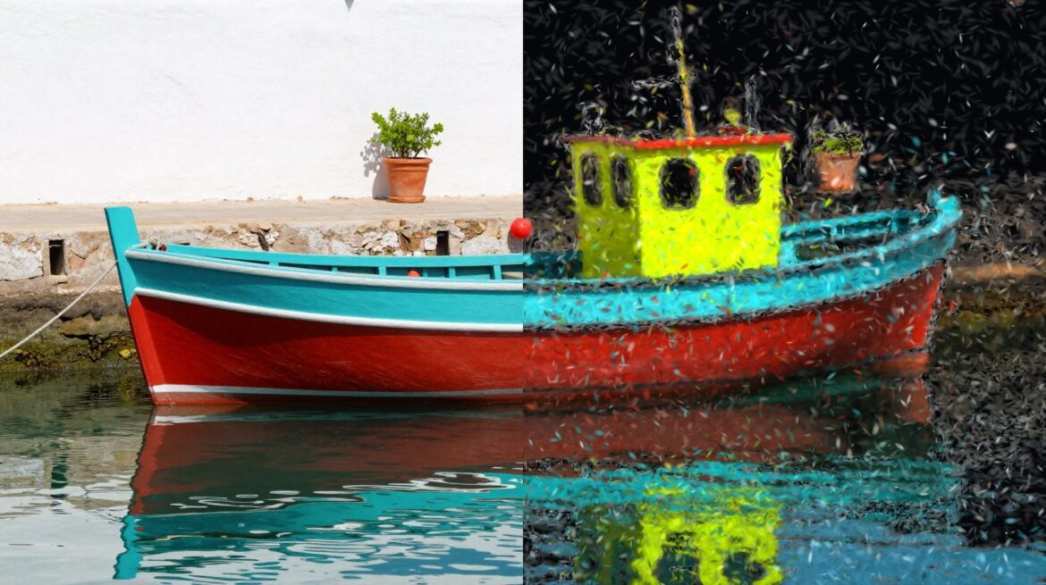 A turquoise, red and yellow fishing boat floating in a harbour: the left half is a normal photo, the right half shows the same boat and its reflection rebuilt from thousands of colourful splats on a dark background.