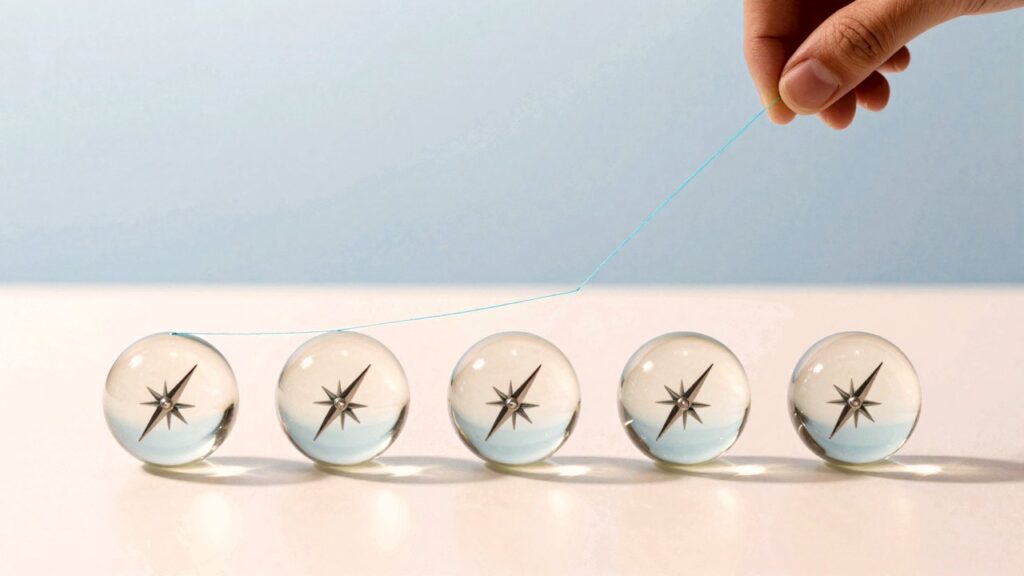 Five glass spheres in a row, each holding a tiny compass needle, linked by one glowing blue thread.