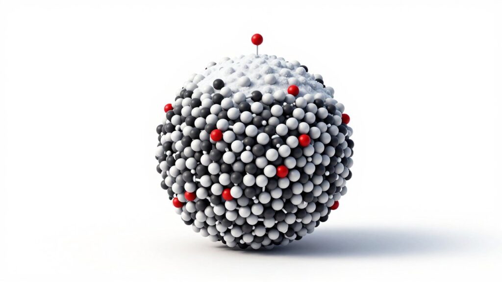 A small molecule at the top of a hill grows into a big rolling ball of identical molecules.