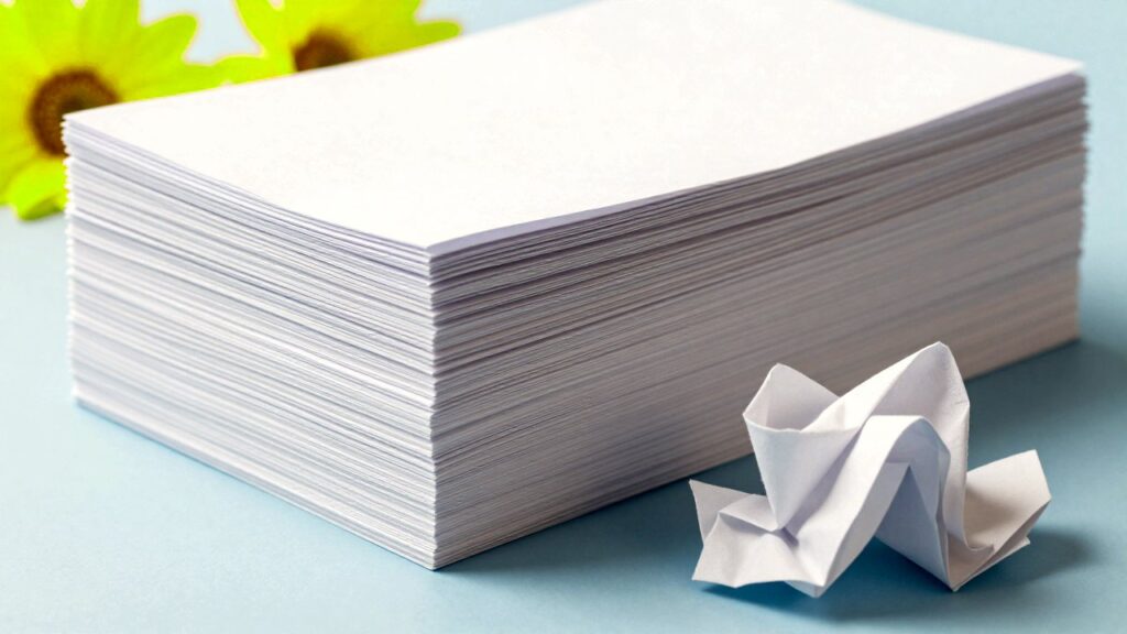 A neat stack of paper standing firm next to a crumpled, collapsed sheet.