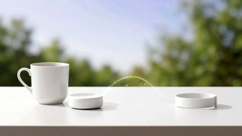 Un sensor junto a una taza de café unido por un arco luminoso a una pulsera.