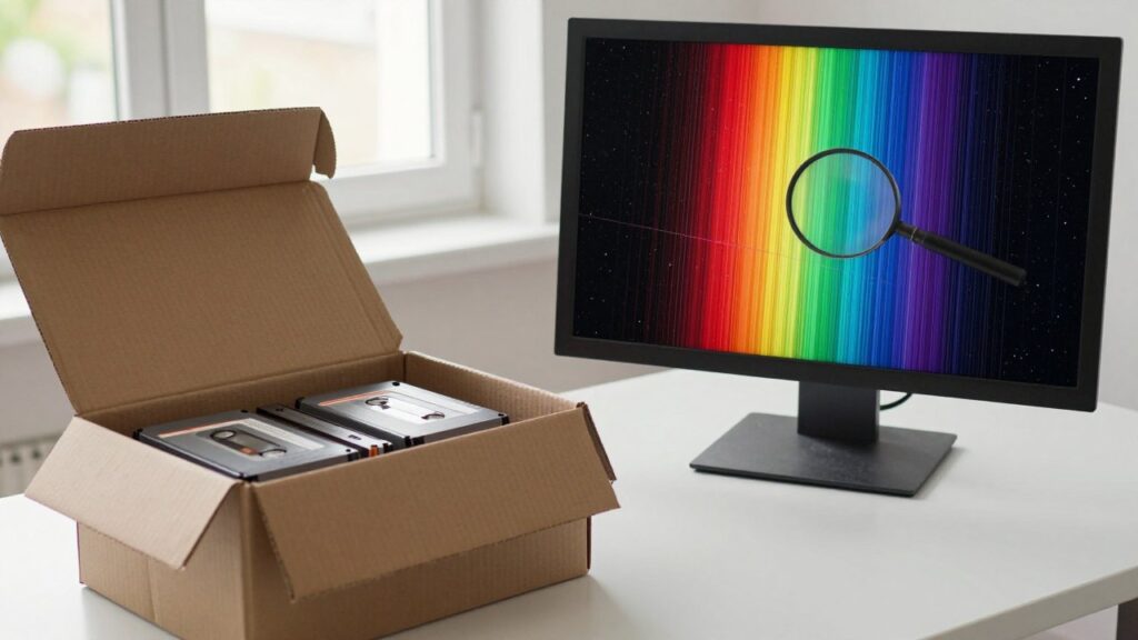 Old archive data tapes beside a modern screen showing a star's spectrum with dark lines, a magnifying glass on one line.