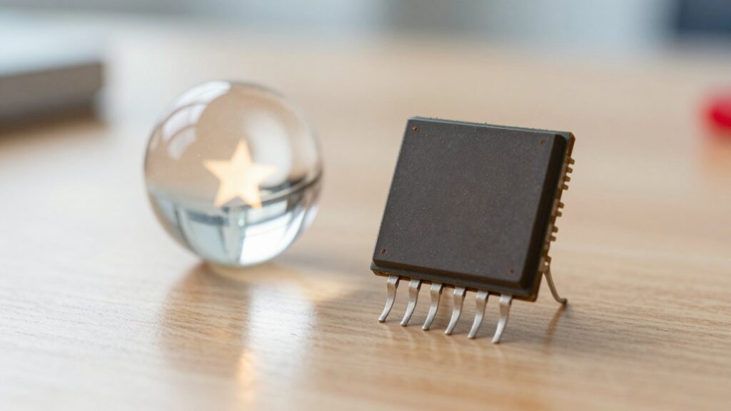 A vintage chip with gold pins on a wooden desk next to a glass sphere holding a small glowing golden light.