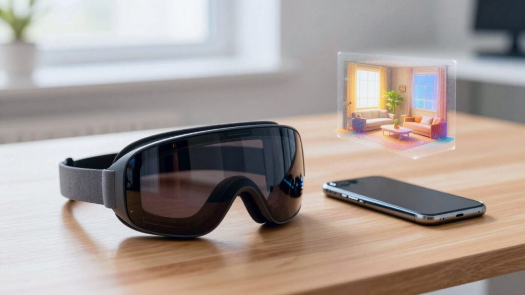 A plain white VR headset and a phone on a wooden table, with a small glowing 3D miniature of a room floating above them.