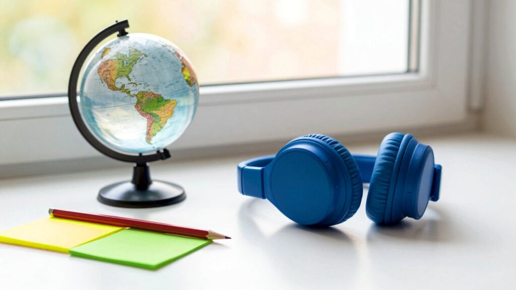 Bright blue headphones beside a small glass globe, a red pencil and blank yellow and green notes on a sunny white desk.
