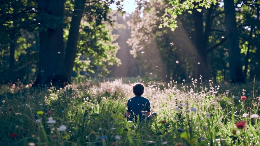 Una pequeña figura de espaldas, sentada en un prado de flores silvestres al sol junto a un bosque, con semillas flotando en la luz.