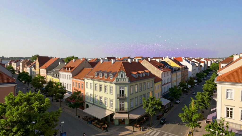 A sunny old-town street corner that is photorealistic up close and turns into a cloud of soft glowing points in the distance.
