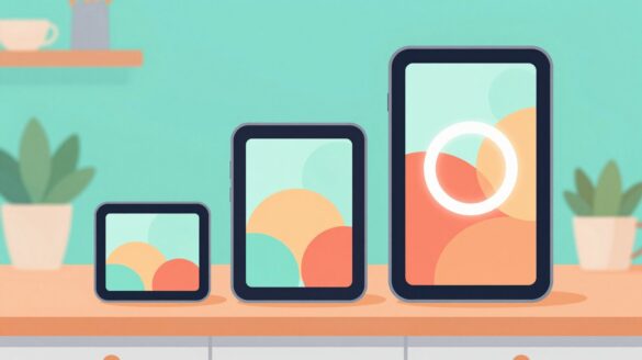Tres tabletas de distintos tamaños sobre una encimera soleada, con iconos de aplicaciones de colores.