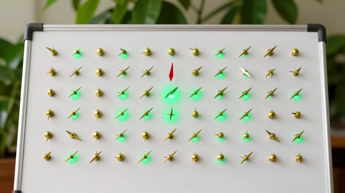A grid of small compass needles pointing in alternating, rotated directions, with green light between them.