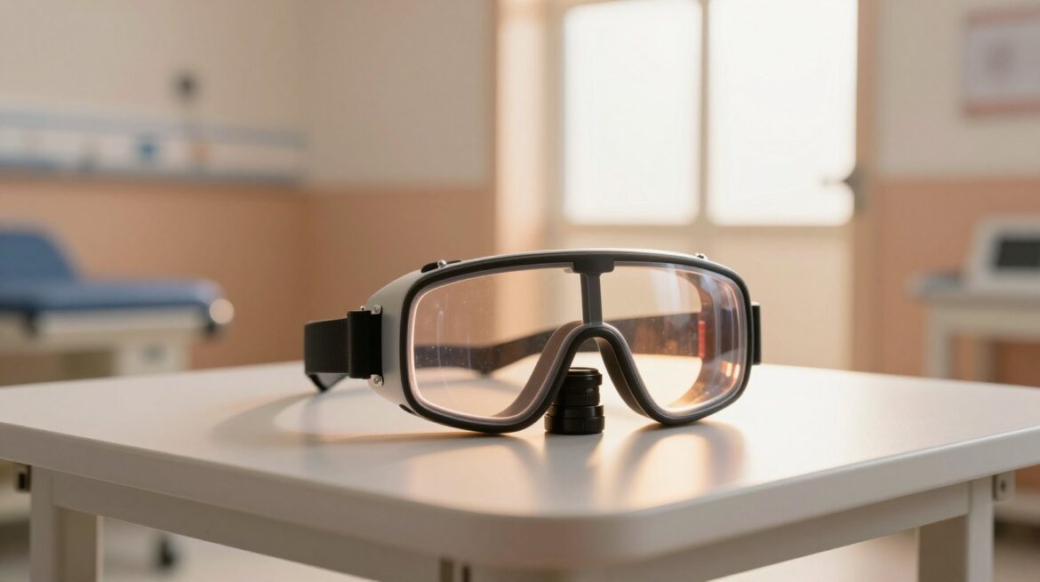 Unas gafas médicas con cámara y luz ámbar dentro de las lentes descansan sobre una mesa en una sala de hospital luminosa.