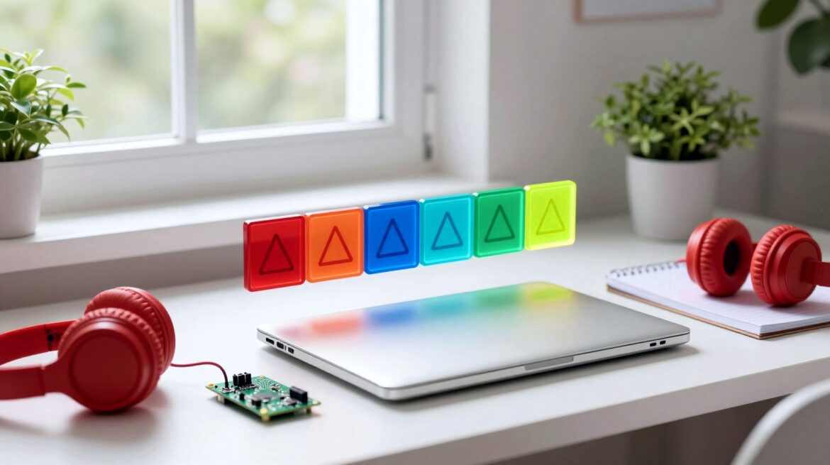 A bright white desk with an open laptop, colourful red, blue, green and yellow building blocks, a small circuit board and red headphones.