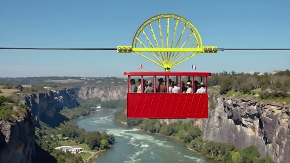 A red open cable car with a yellow fan-shaped arch hangs from a cable high above a green river gorge, carrying passengers in early-1900s hats.