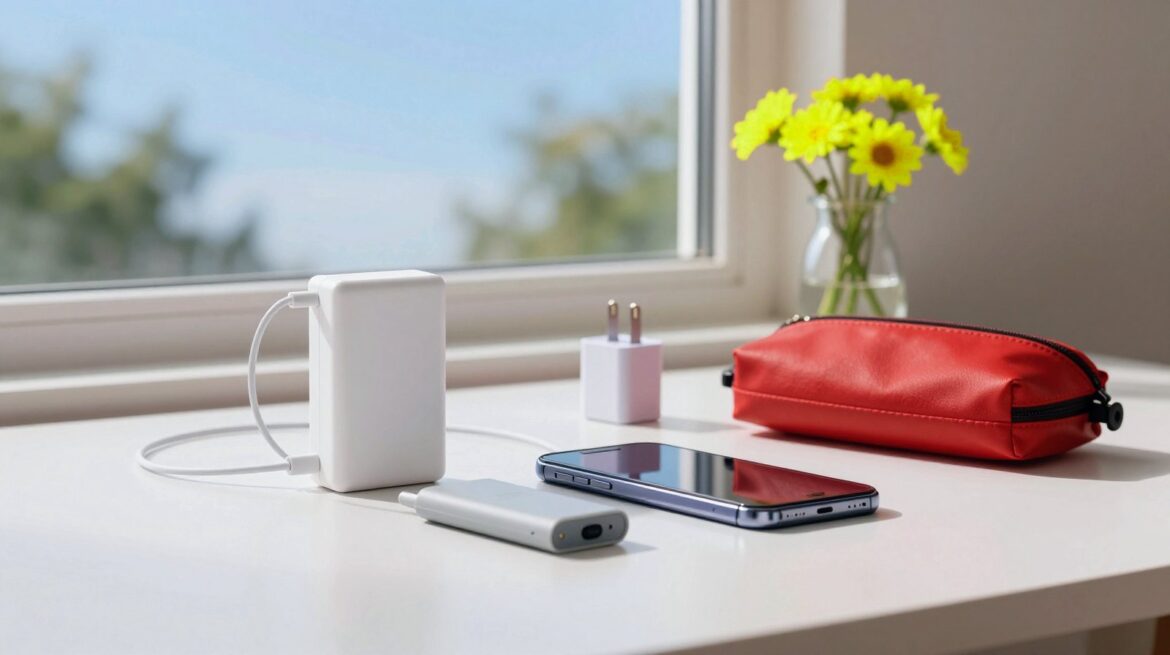 Una batería externa blanca, una batería magnética pegada a un móvil, un cargador de pared pequeño y un neceser rojo sobre una mesa luminosa junto a una ventana.