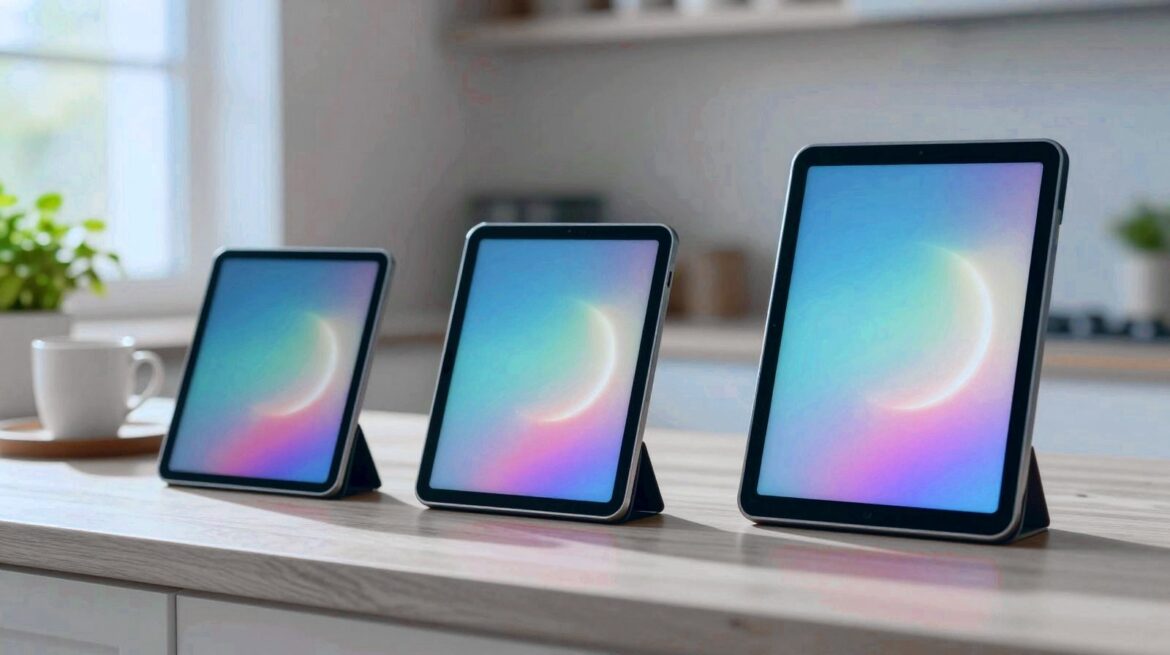 Three tablets of different sizes on a sunny kitchen counter, showing colourful app tiles.