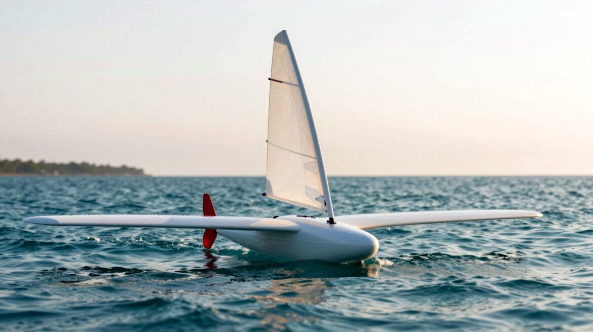Un pequeño dron robótico blanco con alas flotando en un mar tranquilo, con una vela erguida y un timón rojo en la cola.