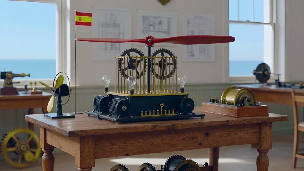An early-1900s apparatus of brass rods, gears, light bulbs and a red propeller on an oak table, beside a small Spanish flag, in a bright room with sea views.