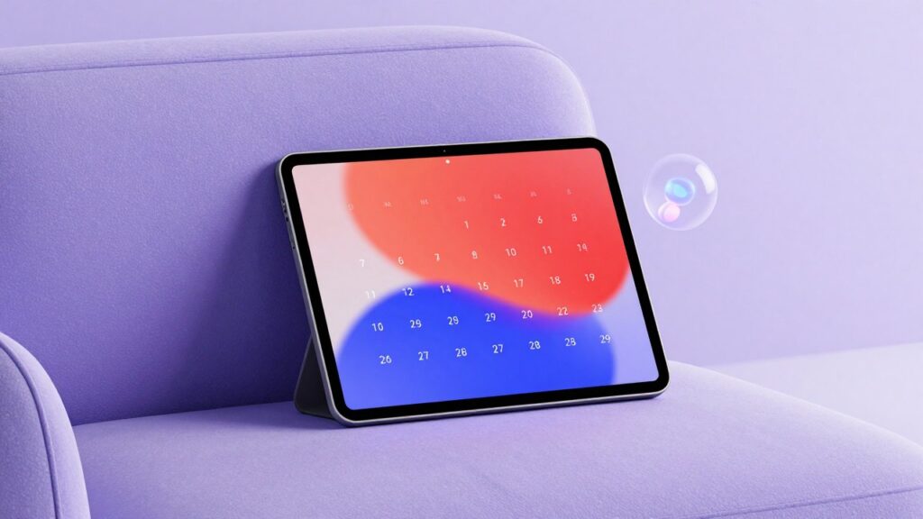 Una tableta en el sofá con un calendario en pantalla, una burbuja del asistente y un indicador luminoso.