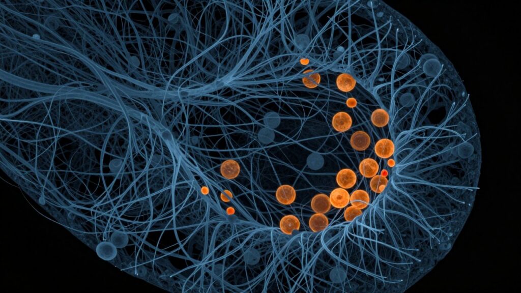 Microscope-style view of retinal nerve cells, a few of them glowing amber in response to light.