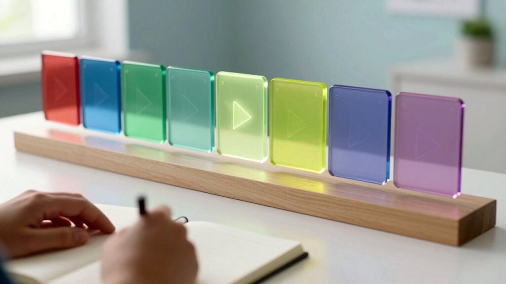 Una fila de baldosas de cristal de colores que brillan sobre un escritorio blanco como una lista de lecciones, con unas manos apoyadas en un cuaderno.