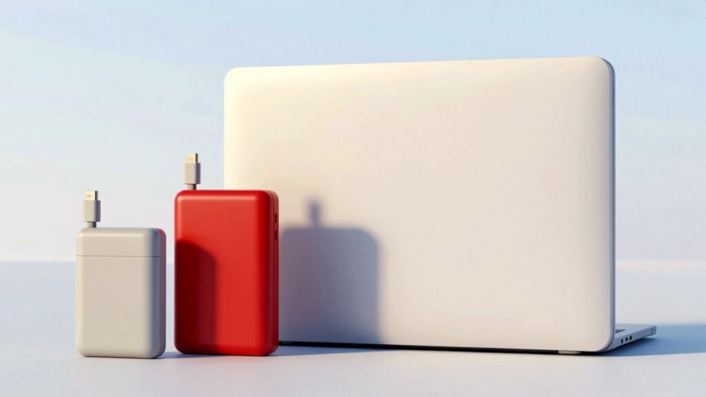 Three plain battery packs in a row, from a small pocket size to a large laptop-size brick.