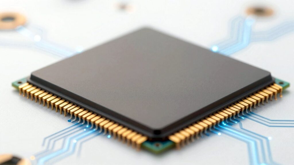 Un chip de memoria sobre una placa de circuito, con pequeñas flechas de luz recorriéndolo.