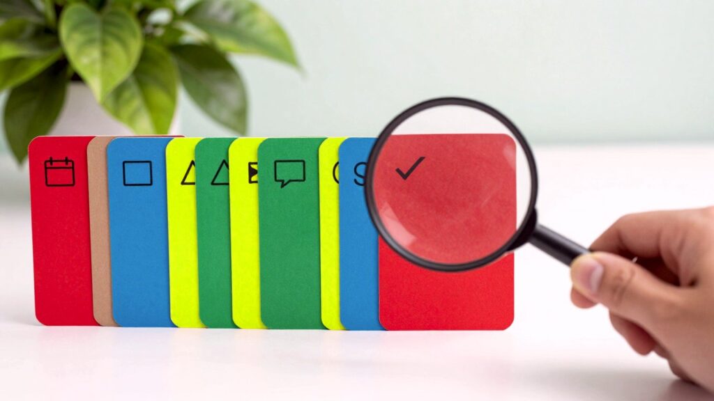 Una mano sostiene una lupa sobre una fila de tarjetas en blanco rojas, azules, verdes y amarillas con iconos sencillos sobre una mesa blanca.
