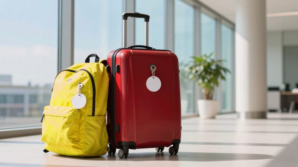 A red suitcase, a yellow backpack and a set of keys, each with a small round tracker tag attached, in a bright departure hall.