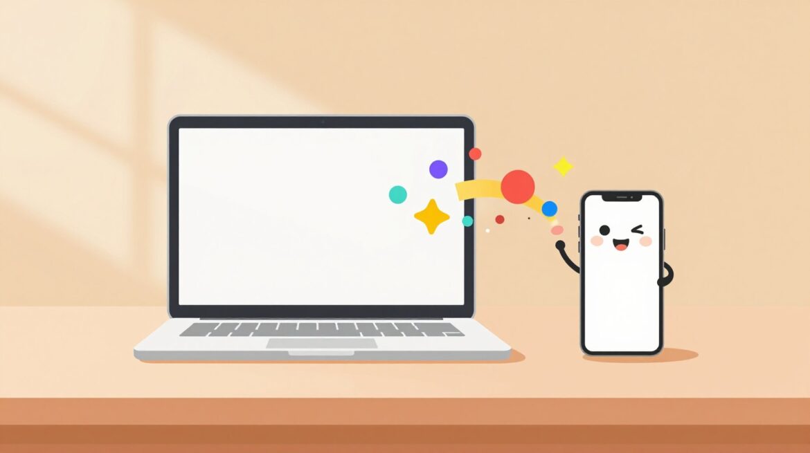 A laptop and a smartphone on a bright desk, with colourful app windows flowing from the phone to the laptop.