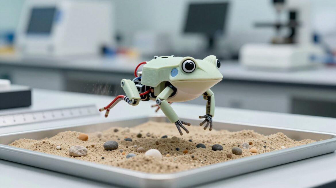 A palm-sized frog-shaped robot with twisted elastic legs caught mid-jump above a tray of sand in a lab.