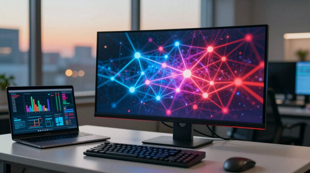 Un monitor de ordenador en un laboratorio de investigación con una red brillante de nodos de colores conectados y un portátil al lado.