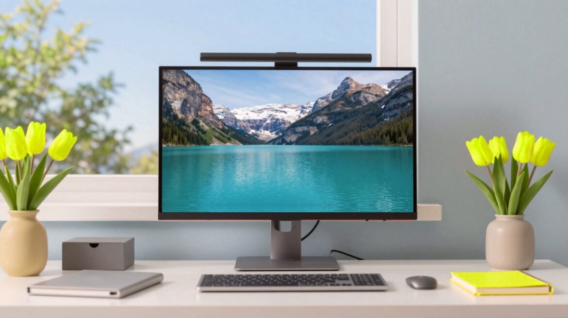 A bright home office desk with a monitor topped by a light bar and webcam, a laptop and dock, and yellow tulips by a sunny window.