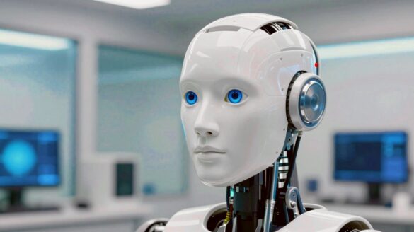 Una cabeza de robot humanoide con rostro de aspecto humano, hecha de paneles blancos y con ojos azules luminosos, en un laboratorio de robótica.