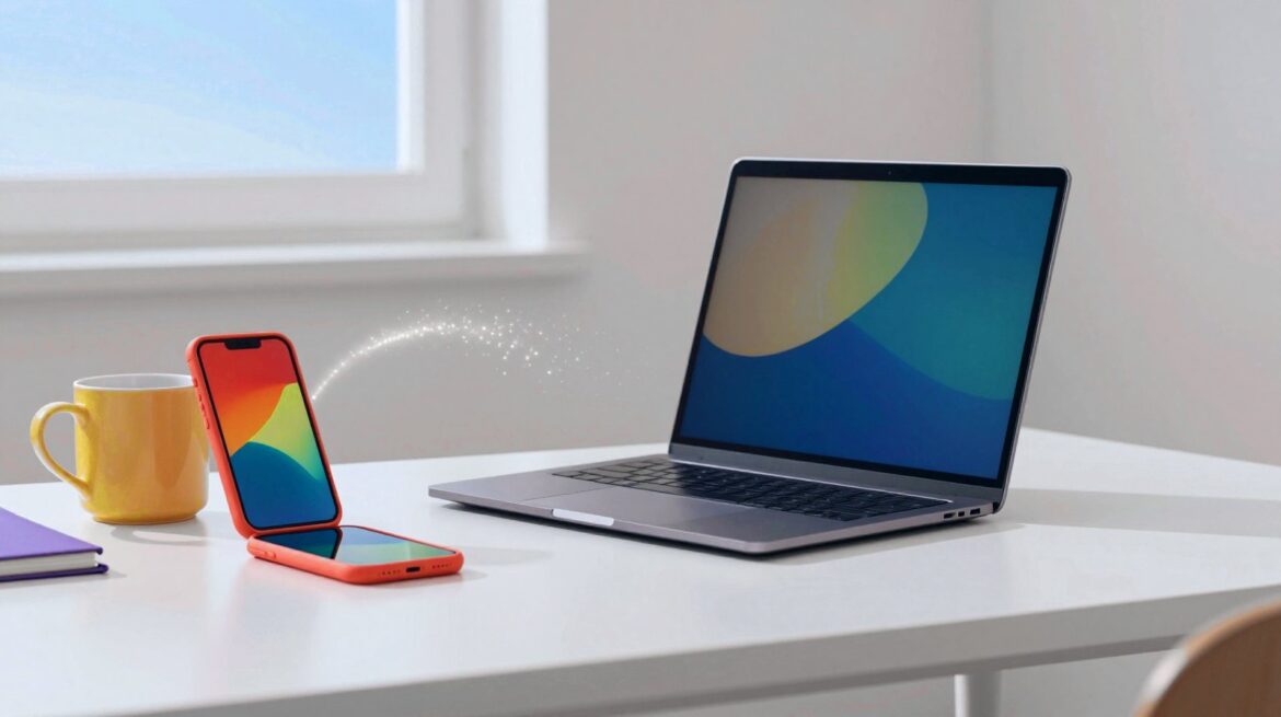 A laptop and a smartphone on a bright desk, with colourful app windows flowing from the phone to the laptop.