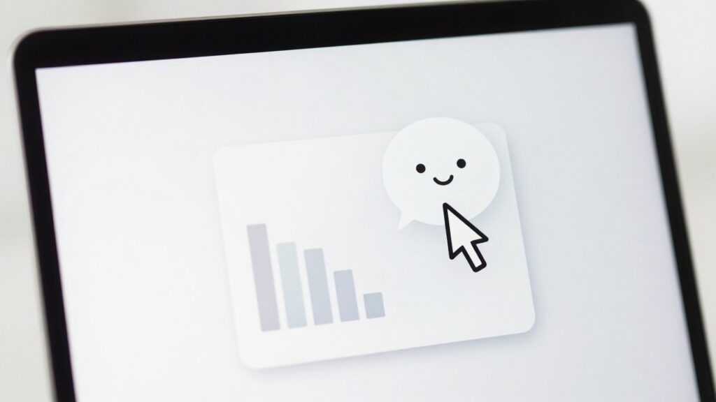 Un cursor brillante en la pantalla de un portátil abre una pequeña burbuja de ayuda junto a una foto y un gráfico.