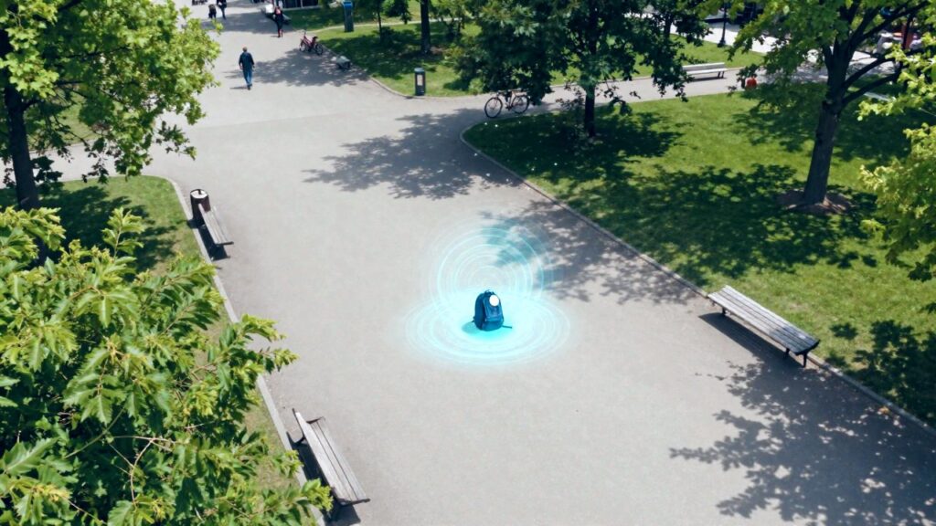 Aerial view of a sunny park where soft rings of light spread from a lost backpack on a bench to small points of light moving along the paths.