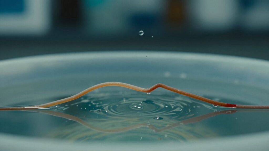 Vista macro de una varilla elástica retorcida en el momento del chasquido, con gotas de agua congeladas en el aire.