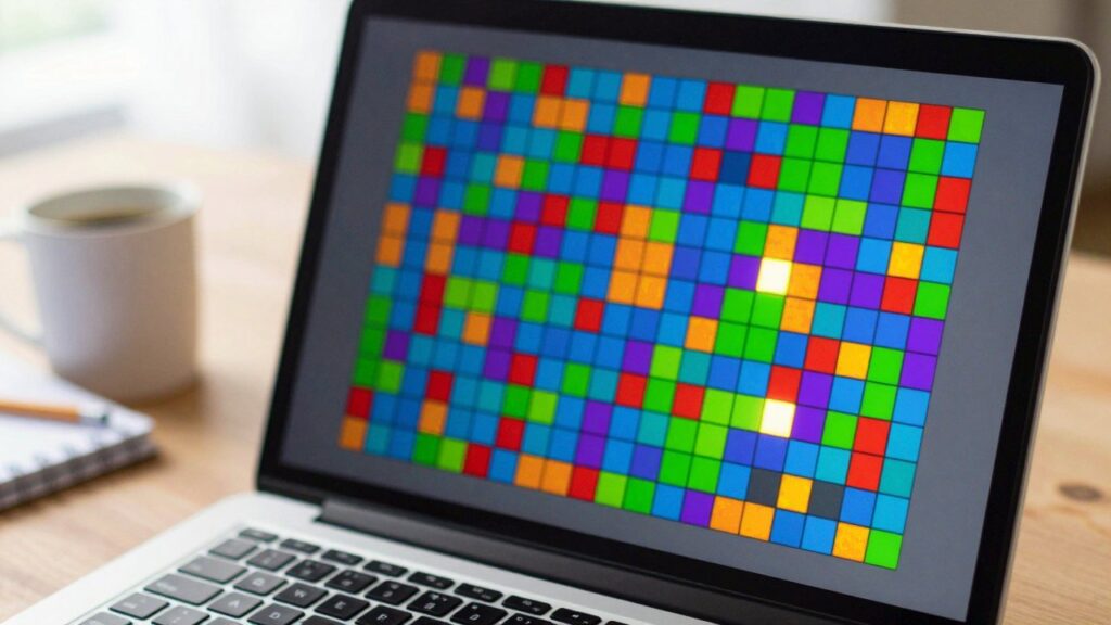 La pantalla de un portátil con un rompecabezas de cuadrículas de colores formado por pequeños cuadrados, sobre un escritorio luminoso.