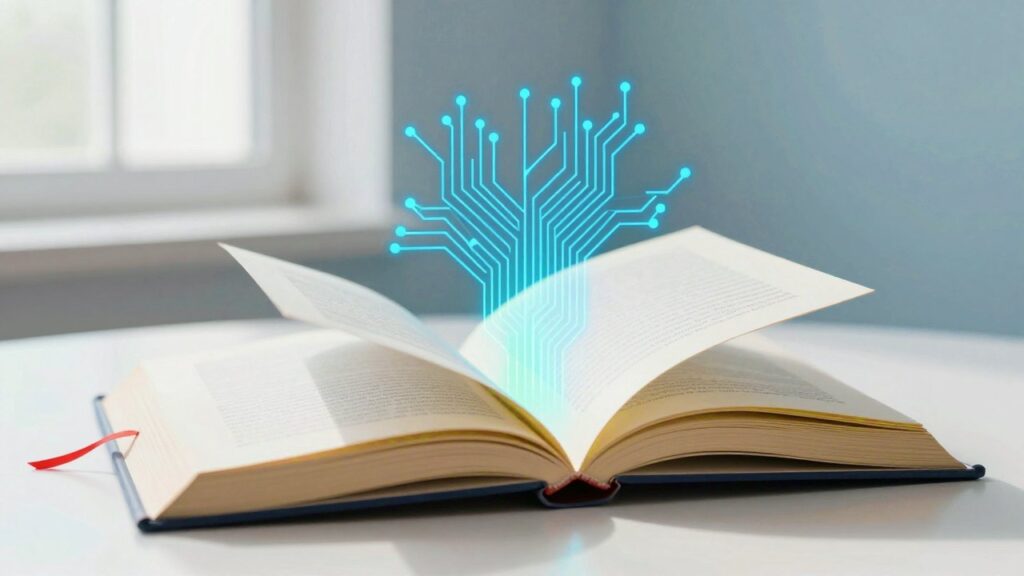 Un libro abierto sobre una mesa blanca cuyas páginas se convierten en líneas de circuito azules y verdes que brillan, con un marcapáginas rojo.