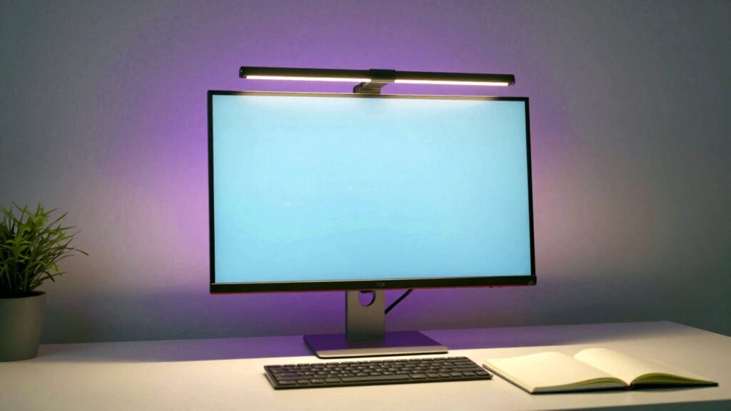Una lámpara sobre el monitor ilumina la mesa mientras un brillo suave ilumina la pared de detrás.
