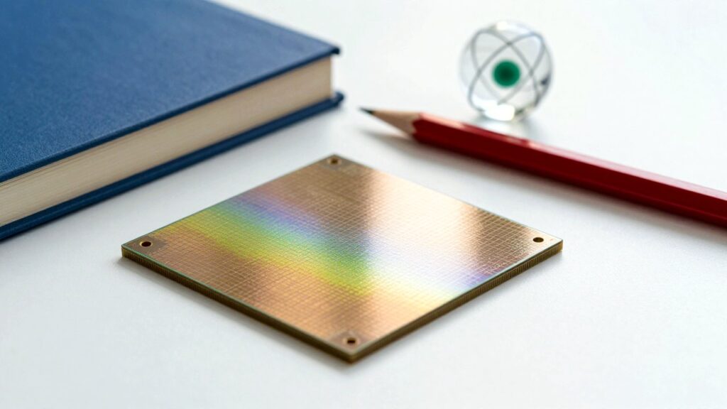 A rainbow-coloured silicon wafer on a white lab bench next to a blue book, a red pencil and a small glass atom model.