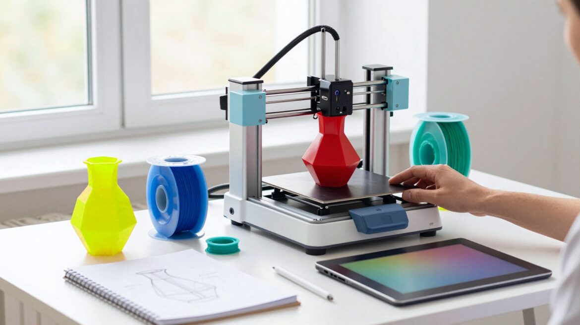 A compact 3D printer printing a red vase in a bright white studio, with blue and green filament spools, colourful printed parts, sketches and hands adjusting the print bed.