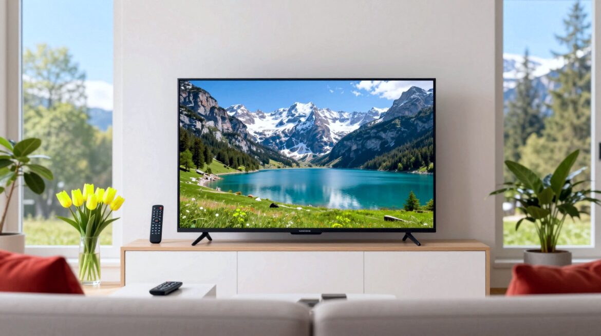 Un salón luminoso con una tele en la pared que muestra un lago de montaña, un pequeño mando en un sofá gris con un cojín rojo y tulipanes amarillos al lado.