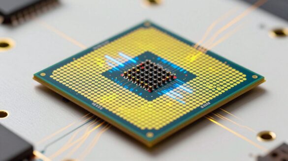 A computer chip on a white circuit board glowing with a bright grid of yellow and blue light, with light trails racing across the board.