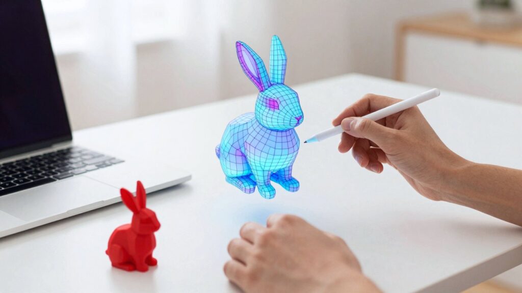 Hands shaping a glowing low-poly wireframe rabbit floating above a white desk, next to a small red 3D-printed copy of the same rabbit.