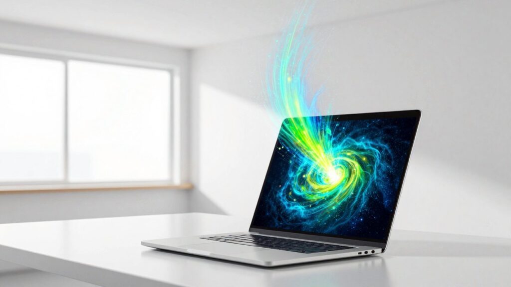 An open laptop on a white desk with a bright spiral of tiny blue, green and yellow light particles rising above it.