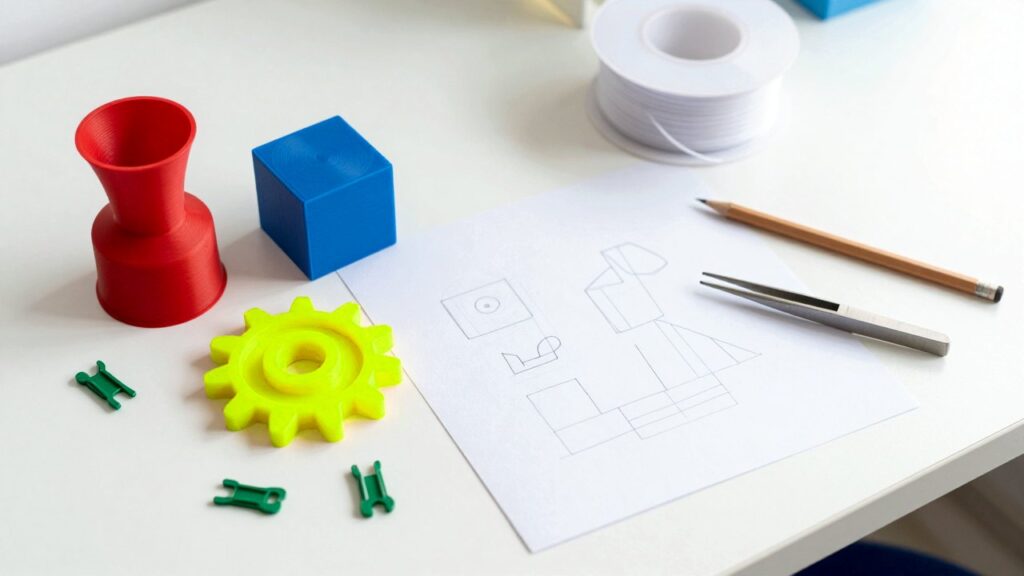 Proyectos impresos en 3D de colores sobre una superficie blanca: una pantalla de lámpara roja, cajas azules y amarillas con textura, uniones verdes para estantería, un calibre y bocetos.