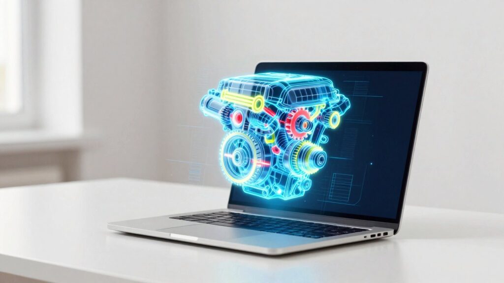 Un portátil sobre un escritorio blanco que proyecta un holograma azul luminoso de un motor de coche con detalles amarillos y rojos.